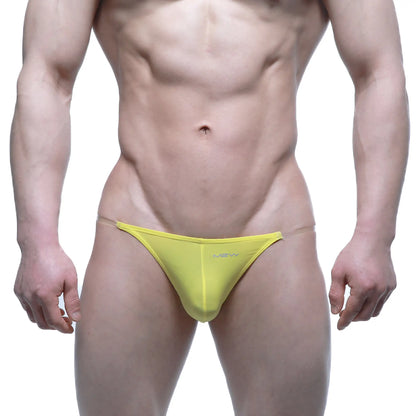 Bright yellow form-fitting thong with subtle new logo front metro male wear invisible bikini 3704-15
