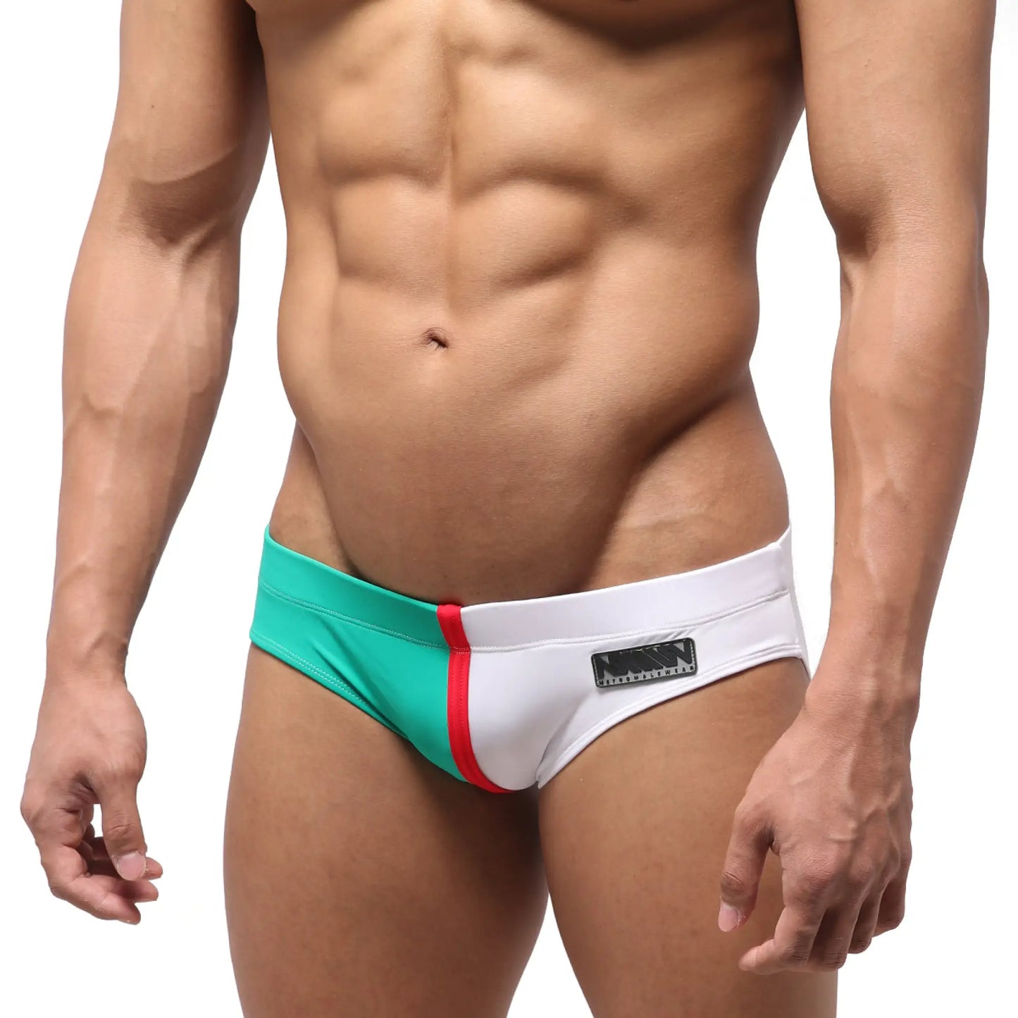 MetroMaleWear Italian swim bikini 4922-07 white and teal swim trunks with red stripe detail for beachwear