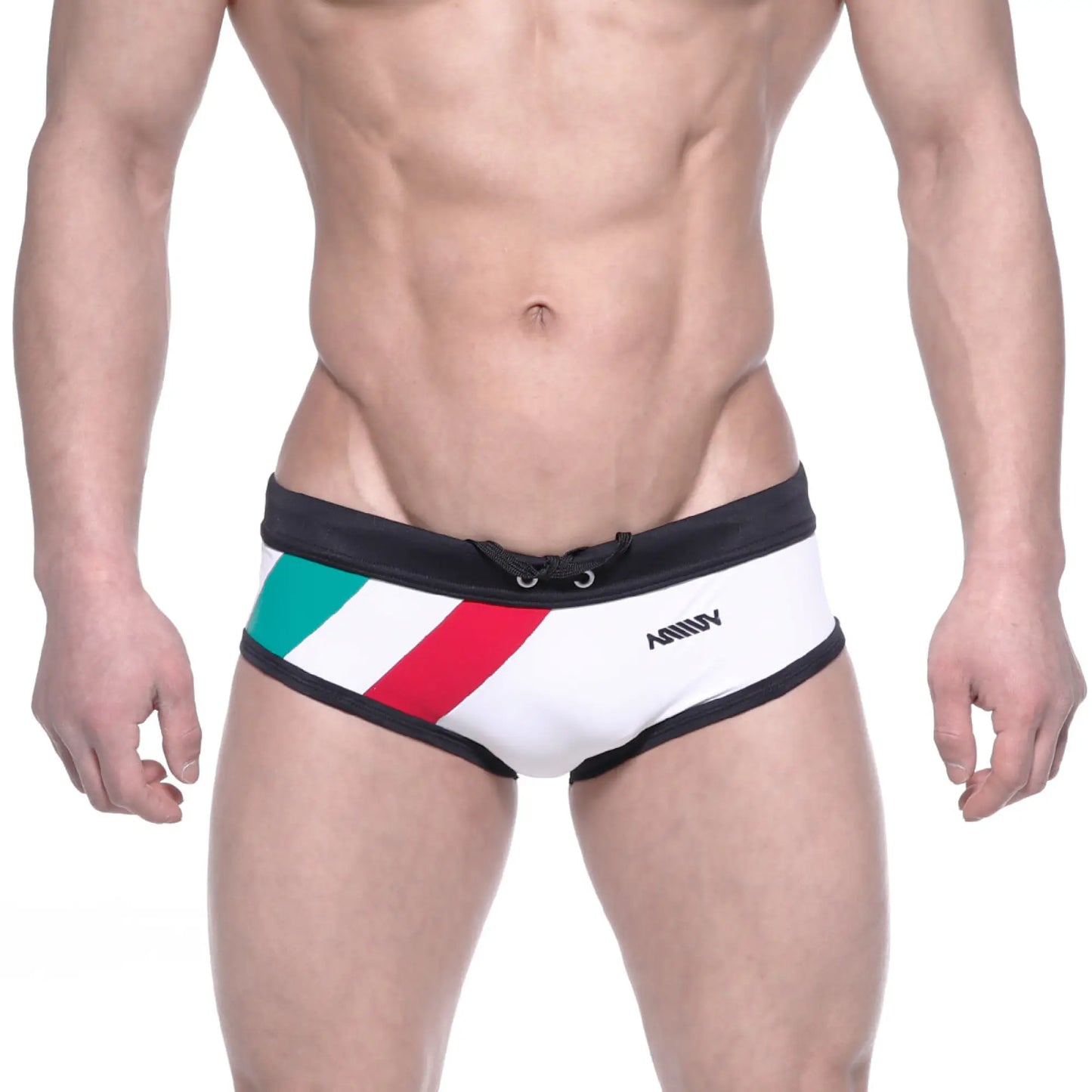 White swim trunks with black trim and diagonal green white and red stripes metro malewear italy flag briefs