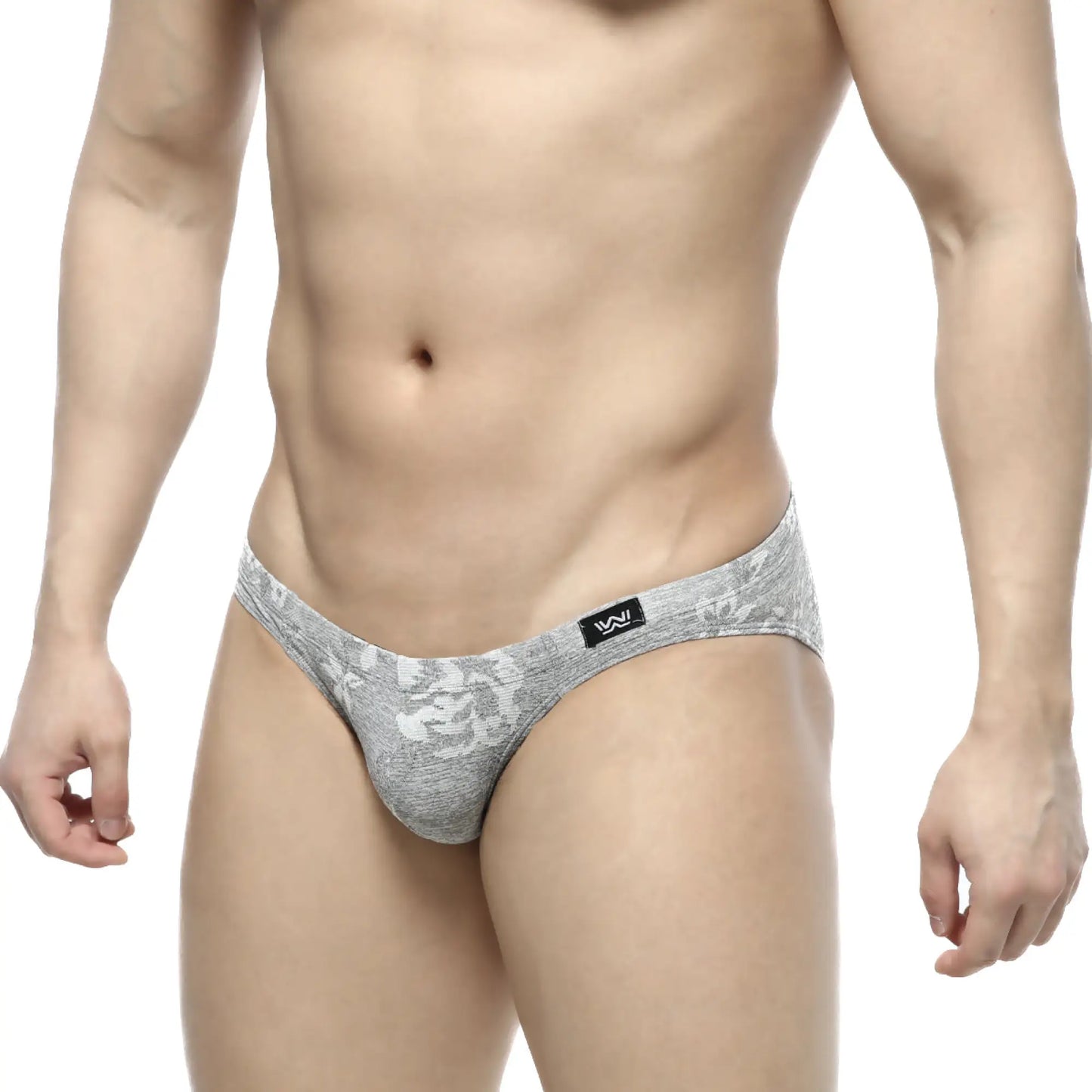 Gray lace-patterned jacquard men’s briefs with subtle sheen and black logo tag on the waistband by MetroMaleWear