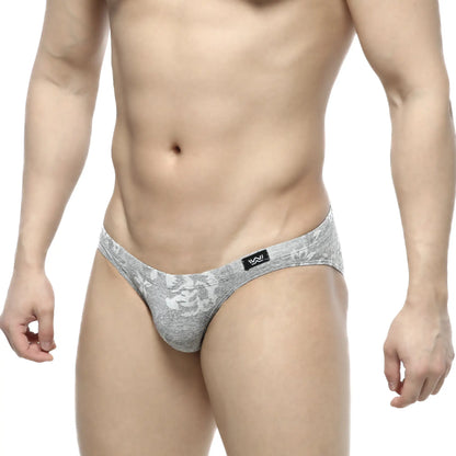 Gray lace-patterned jacquard men’s briefs with subtle sheen and black logo tag on the waistband by MetroMaleWear