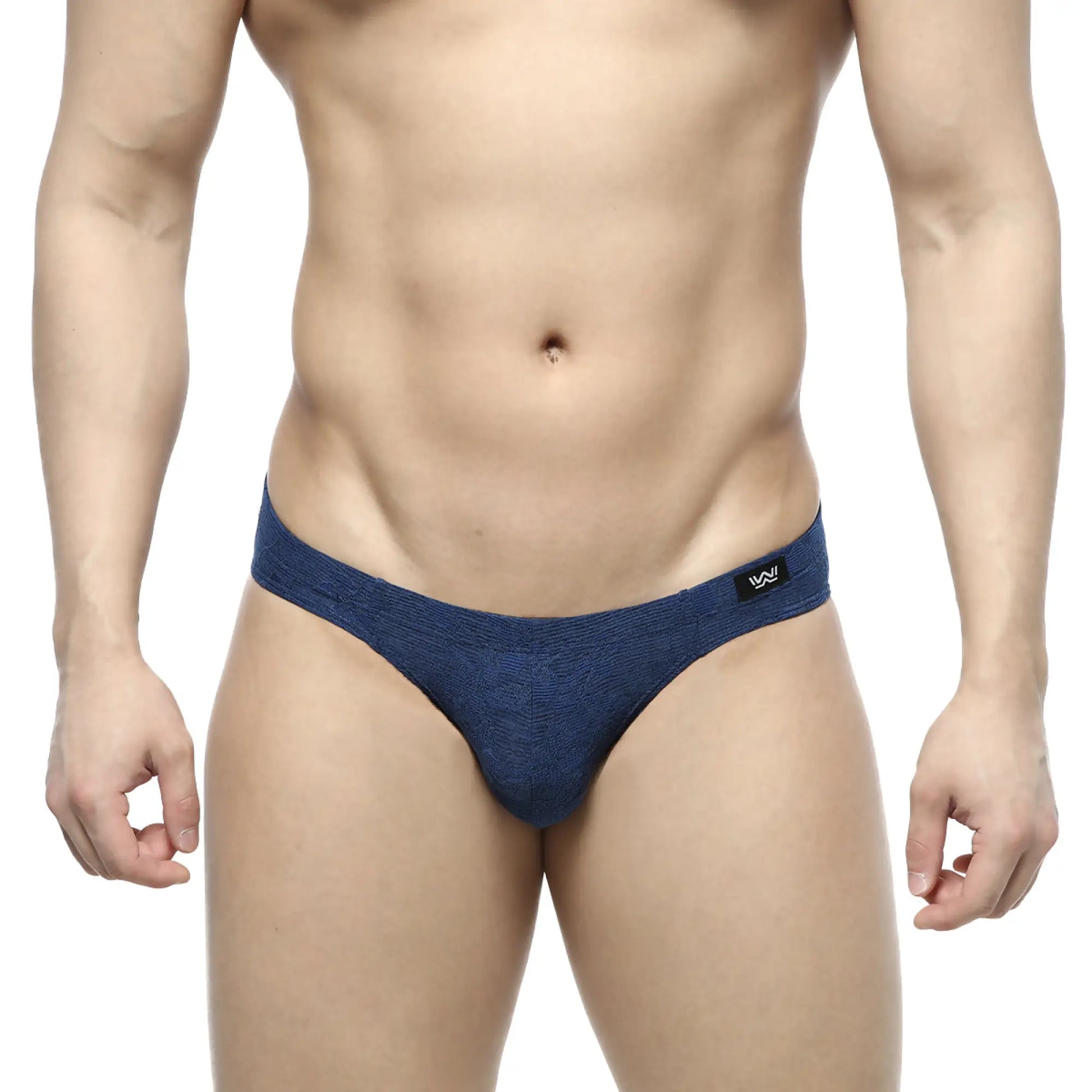Navy blue textured MetroMaleWear Jacquard Bikini briefs with a small black logo on the waistband in royal 5103-16