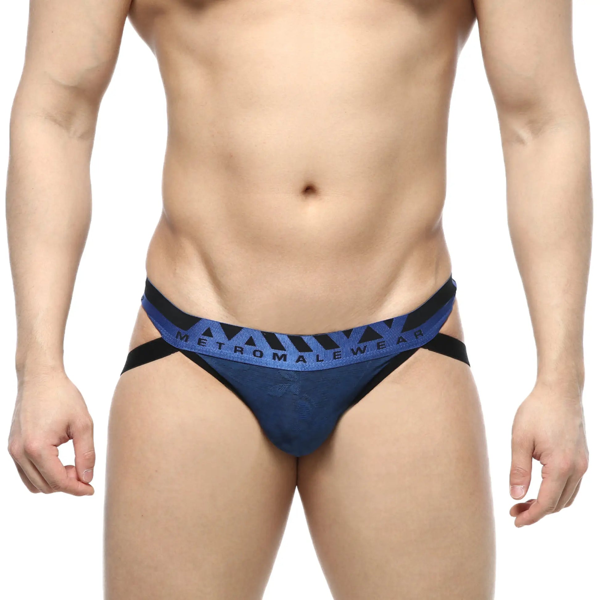 Blue and black metromalewear jacquard jockstraps with patterned waistband metro 2901-18 front view