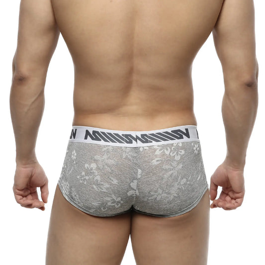 Gray lace briefs with a white waistband featuring black metro male wear jacquard lettering front view