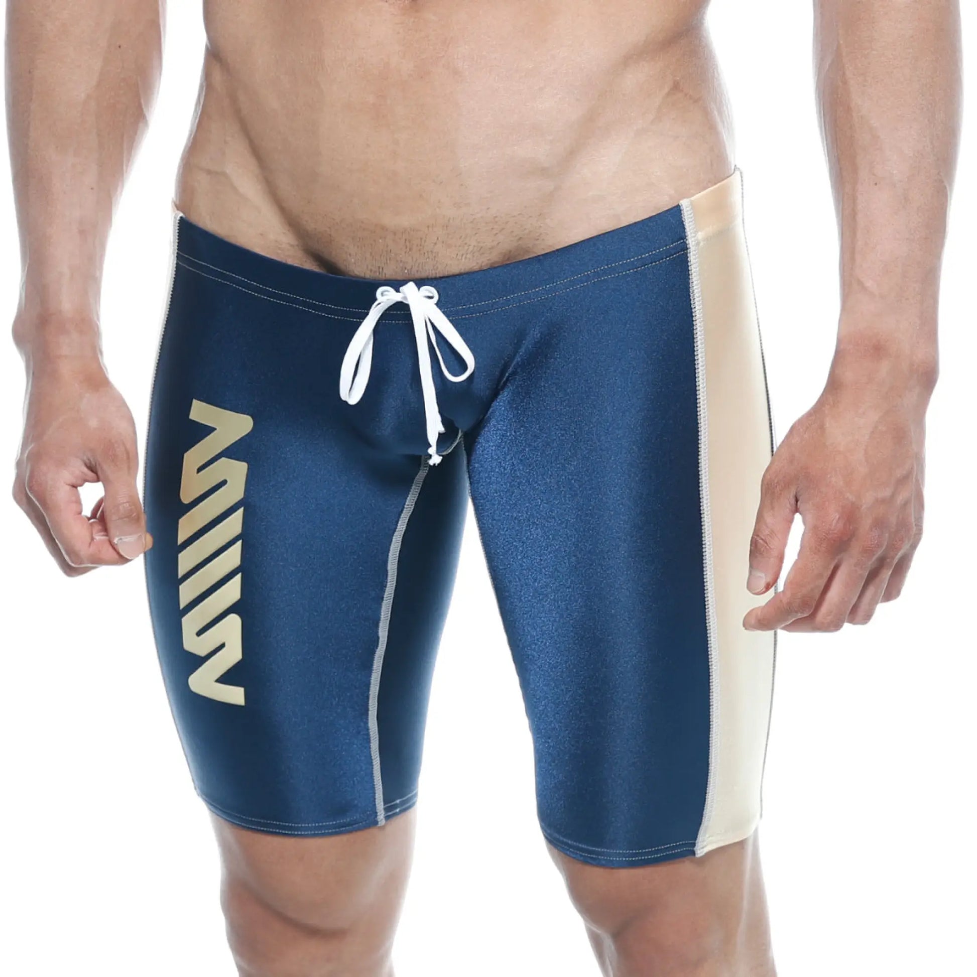 Navy blue metroMalewear jammer swim boxer with cream side panels and white drawstring for swimming use