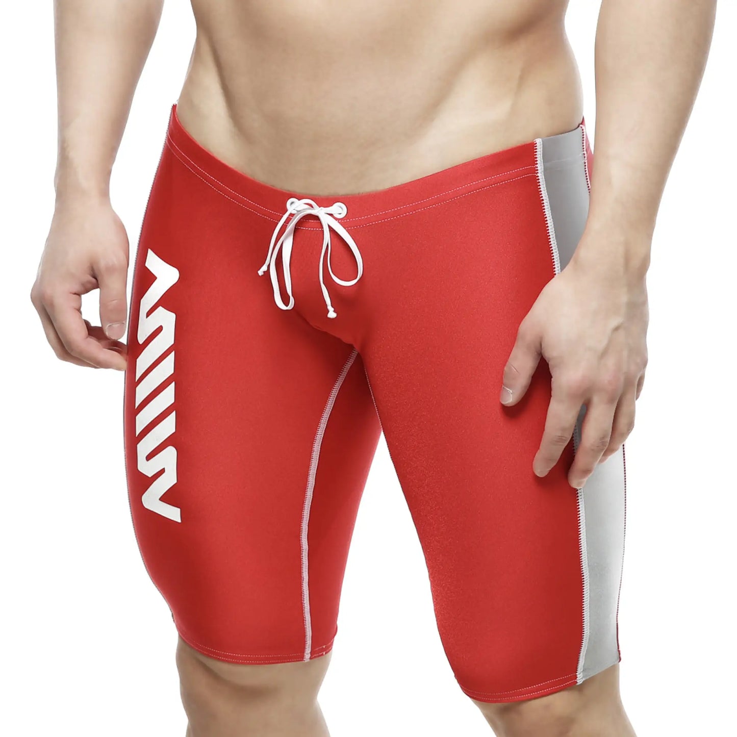Red mens swim trunks metro male wear jammer swim boxer with white side stripes and gray outer thigh panel