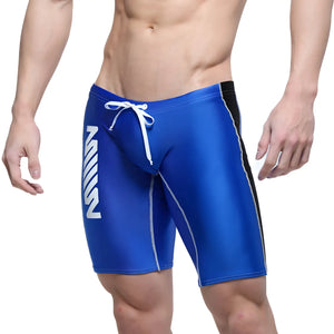 MetroMaleWear blue jammer swim boxer with black side panels, white drawstring, and a bold logo on the left leg.