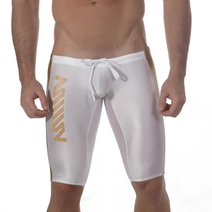 White athletic swim trunks metroMalewear jammer swim boxer with gold vertical lettering and side stripes