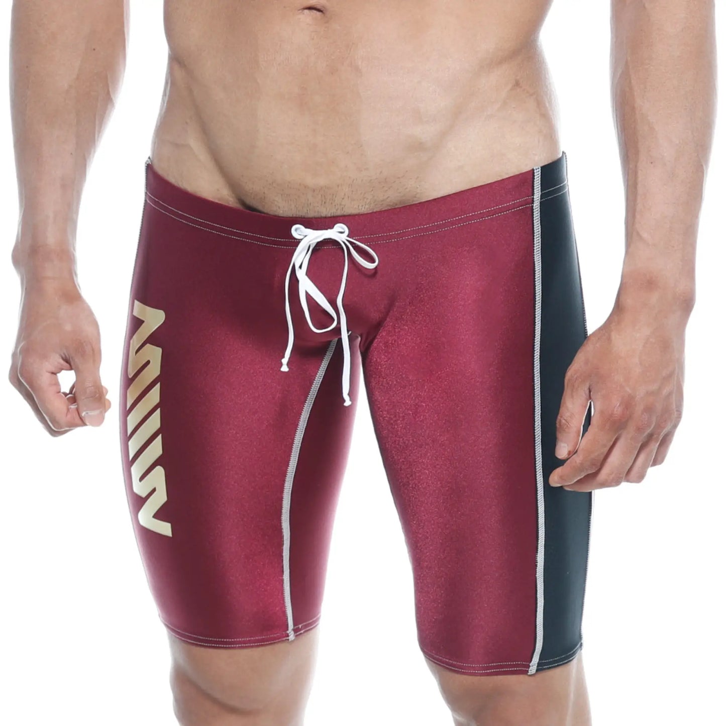 Maroon and black metroMaleWear jammer swim boxer with white drawstring and side stripes for swimming use