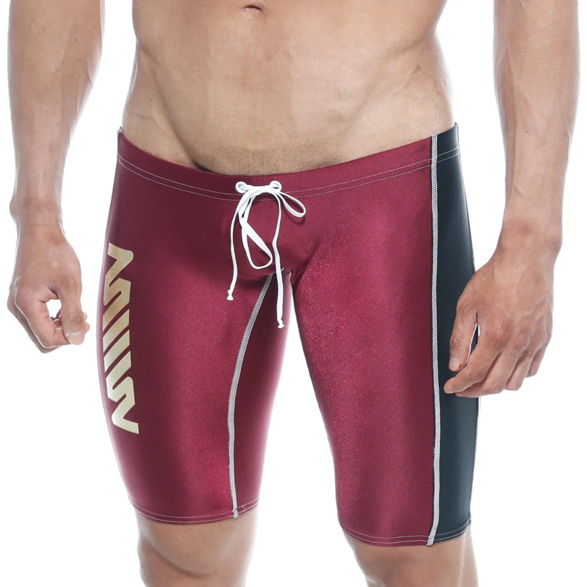 Maroon and black metroMaleWear jammer swim boxer with white drawstring and side stripes for swimming use