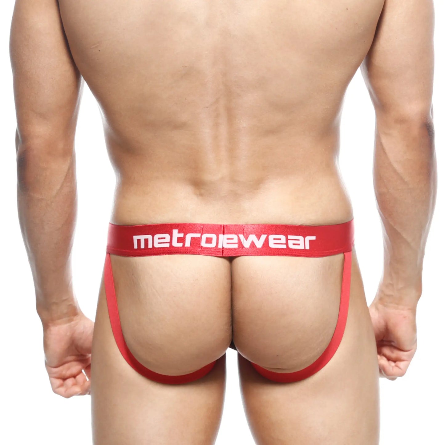 Red metrowear briefs with a bold white logo waistband from metro malewear jock strap atractivo 3001-76 collection
