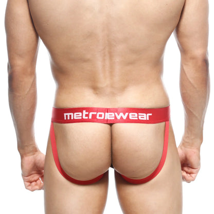 Red metrowear briefs with a bold white logo waistband from metro malewear jock strap atractivo 3001-76 collection
