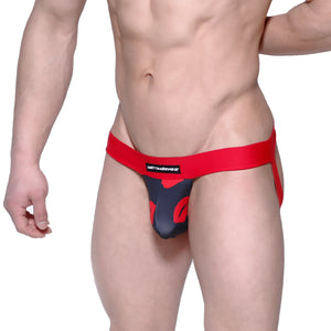 Red and black kiss-patterned men’s jockstrap with a bold red waistband and Metromalewear label.