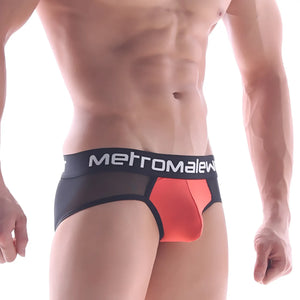 Black and coral orange mesh briefs with metromalew branded waistband metroMalewear joy mesh brief coral 9004-42