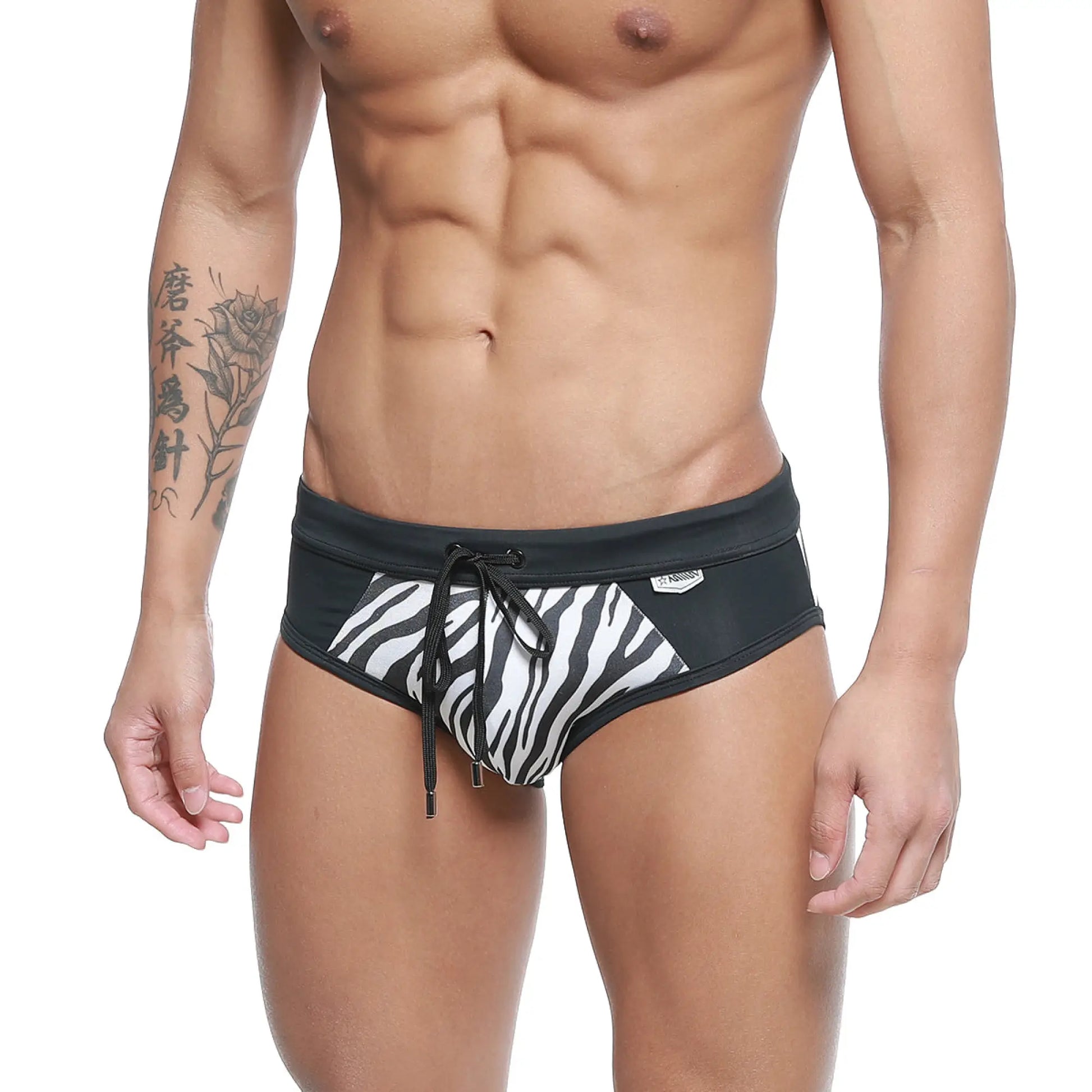 MetroMaleWear Kenya swim brief 4916-30 black and white zebra-print swim trunks with drawstring waistband