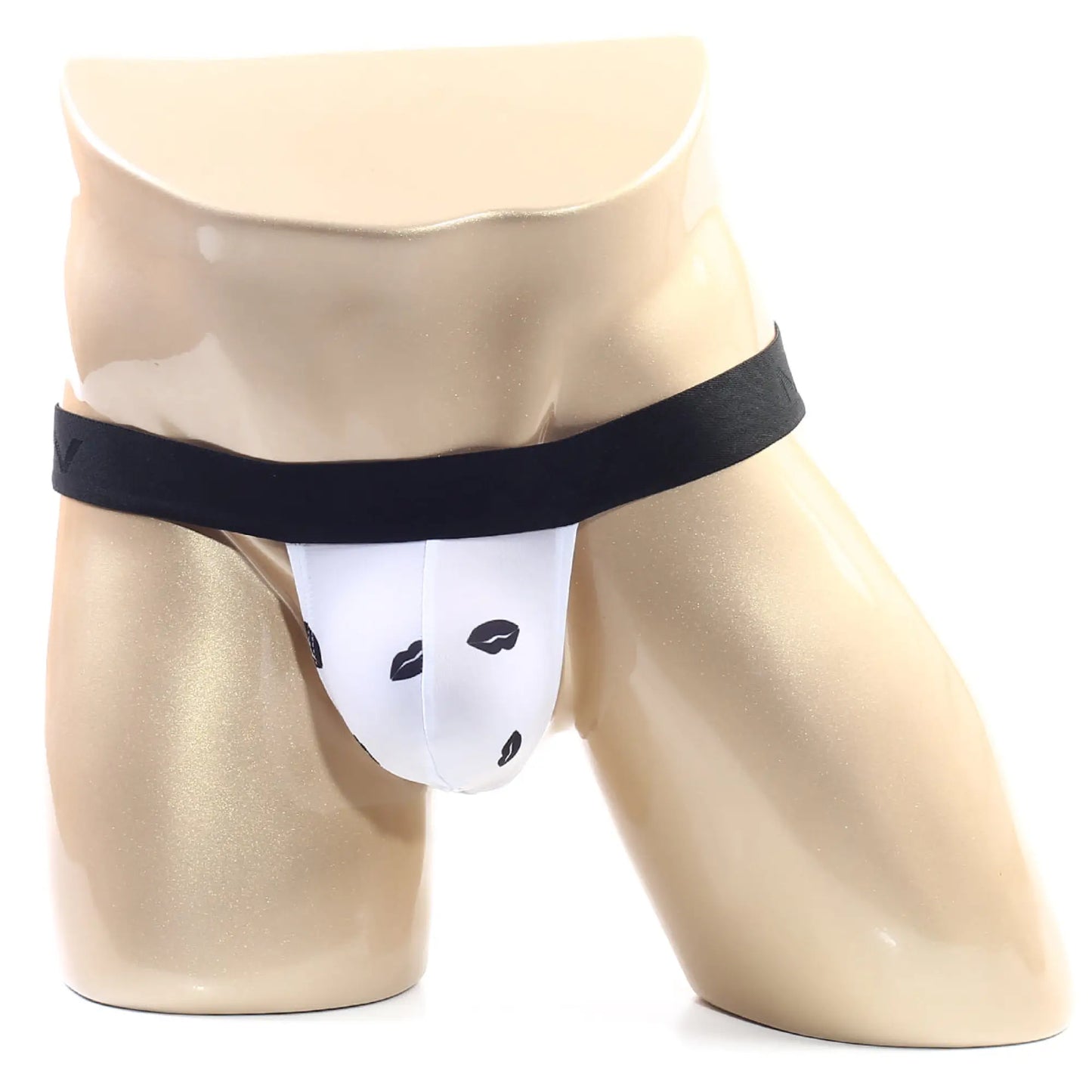 MetroMaleWear kiss white thong 3002-65 white briefs with black lip print and solid black waistband front view