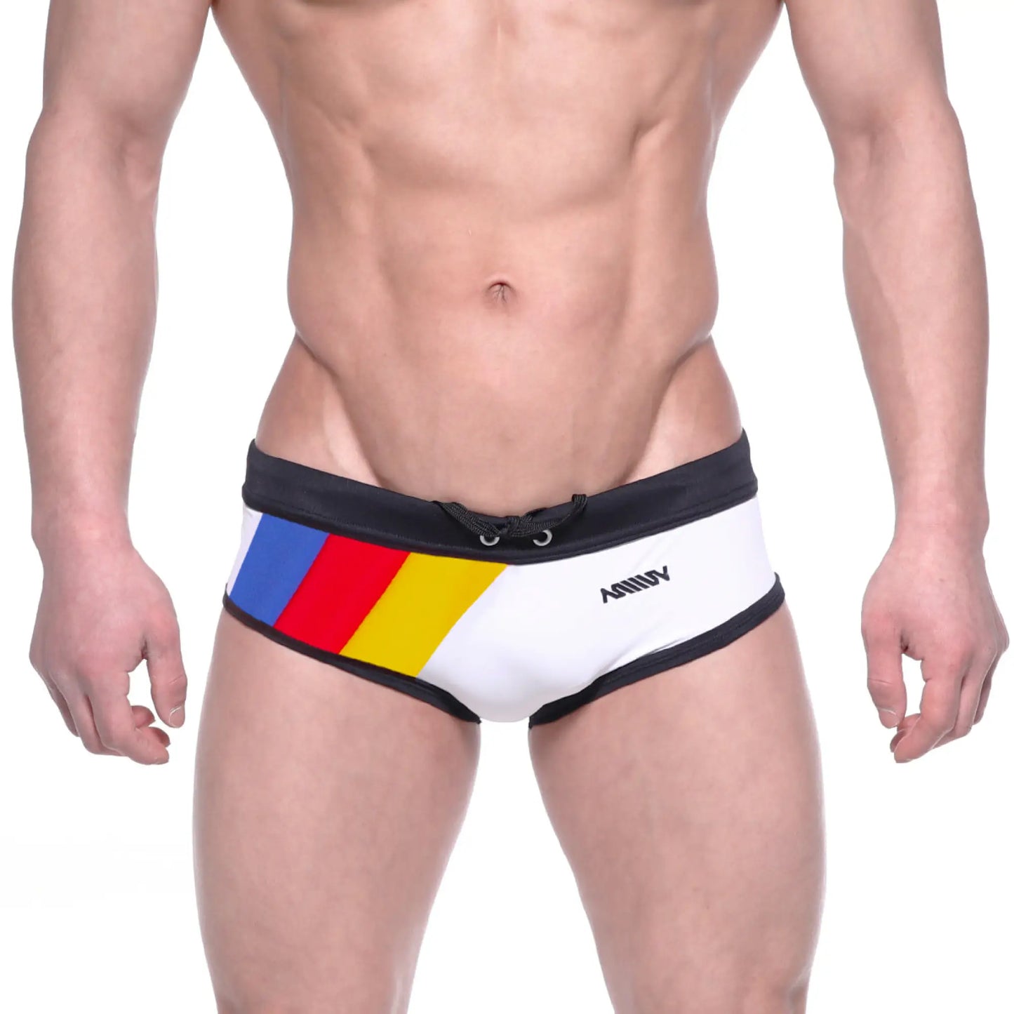 White swim trunks with bold blue red yellow diagonal stripe black trim and ammy logo side metro malewear korean flag briefs