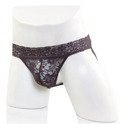 Metro malewear lace jock strap black 2911-71 featuring black lace thong with intricate floral patterns and sheer design