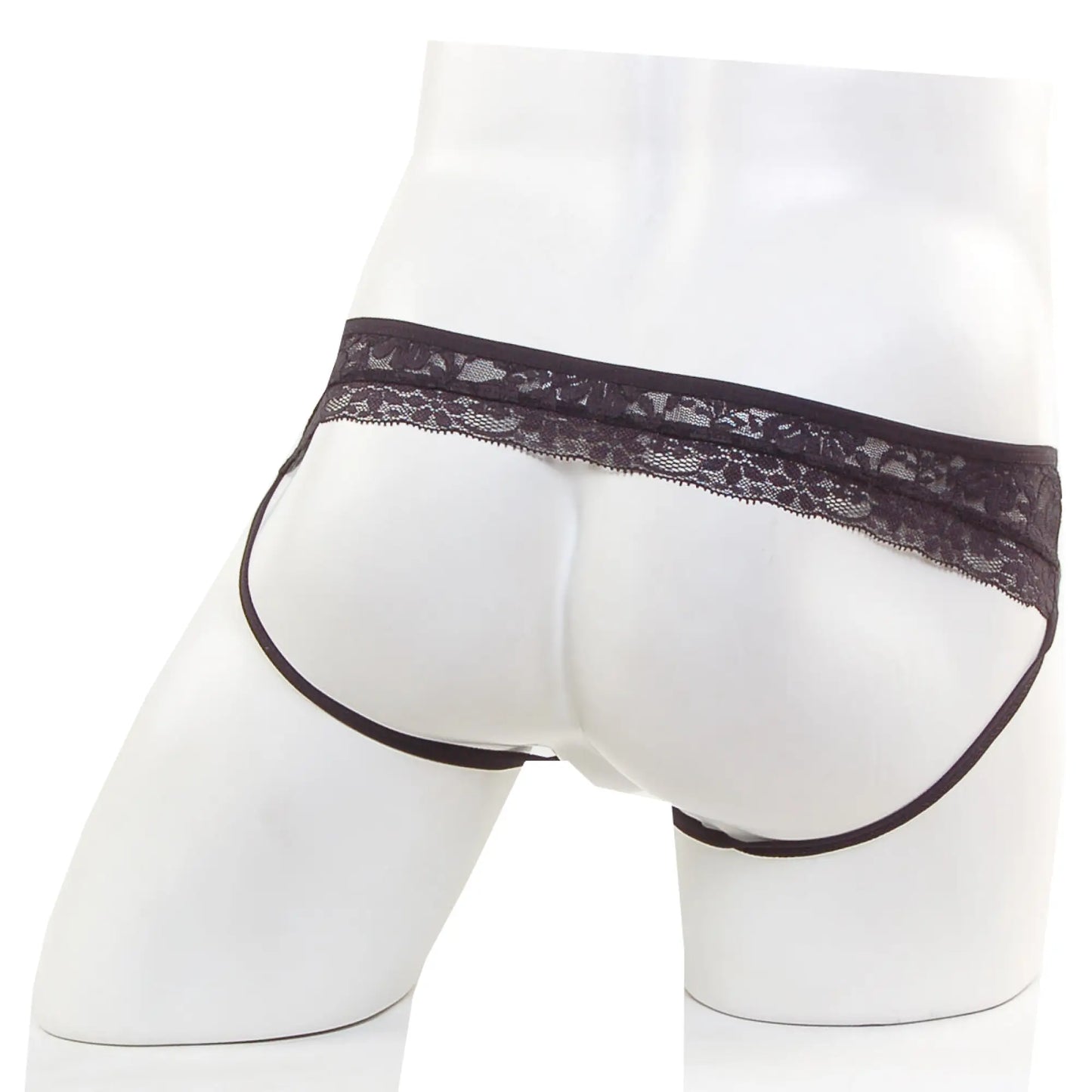 Black lace-trimmed MetroMaleWear lace jock strap briefs in sleek form-fitting design for stylish comfort in black