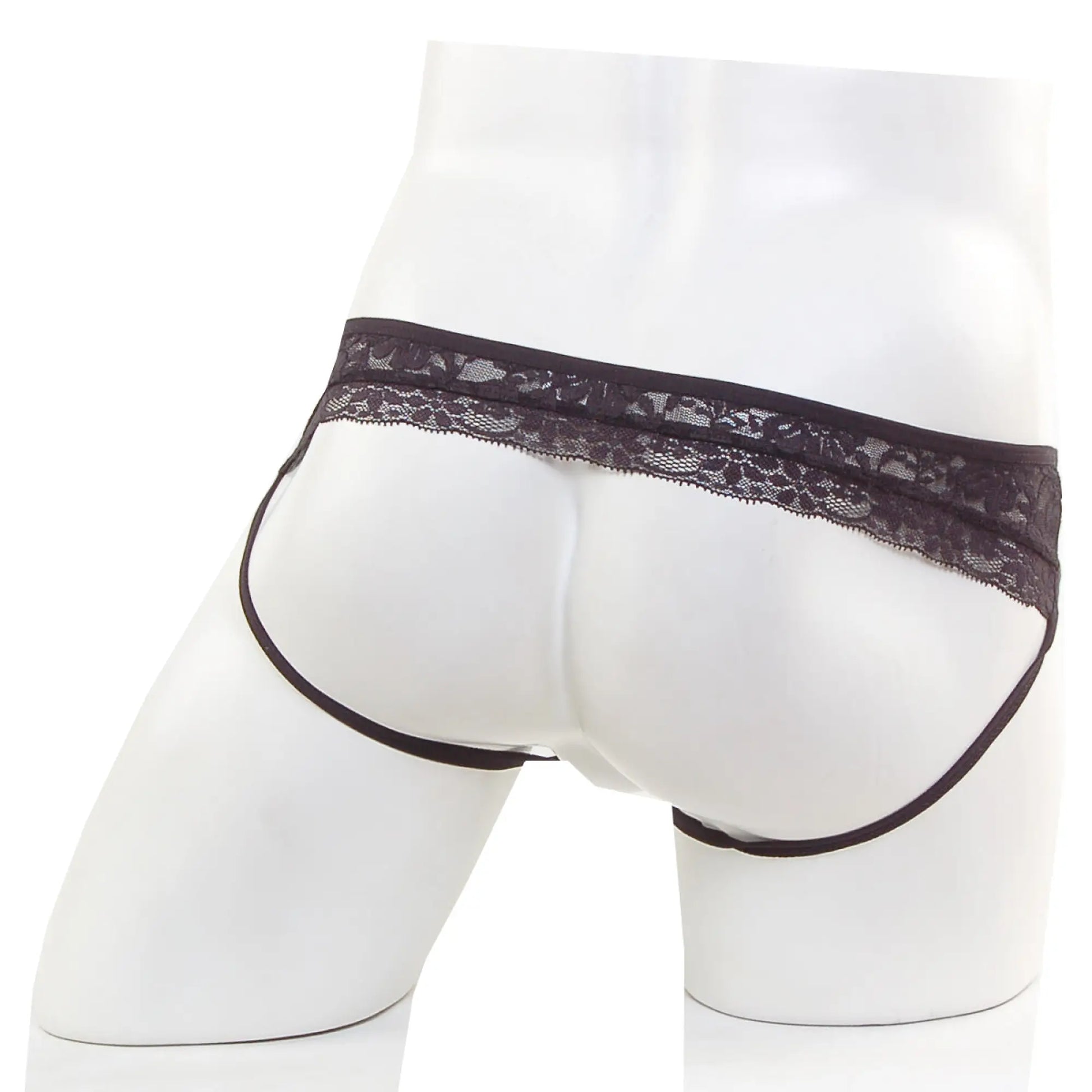 Black lace-trimmed MetroMaleWear lace jock strap briefs in sleek form-fitting design for stylish comfort in black