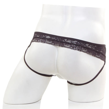Black lace-trimmed MetroMaleWear lace jock strap briefs in sleek form-fitting design for stylish comfort in black