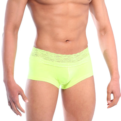 Bright neon green lace short boxer by MetroMaleWear featuring delicate lace trim at the waistband