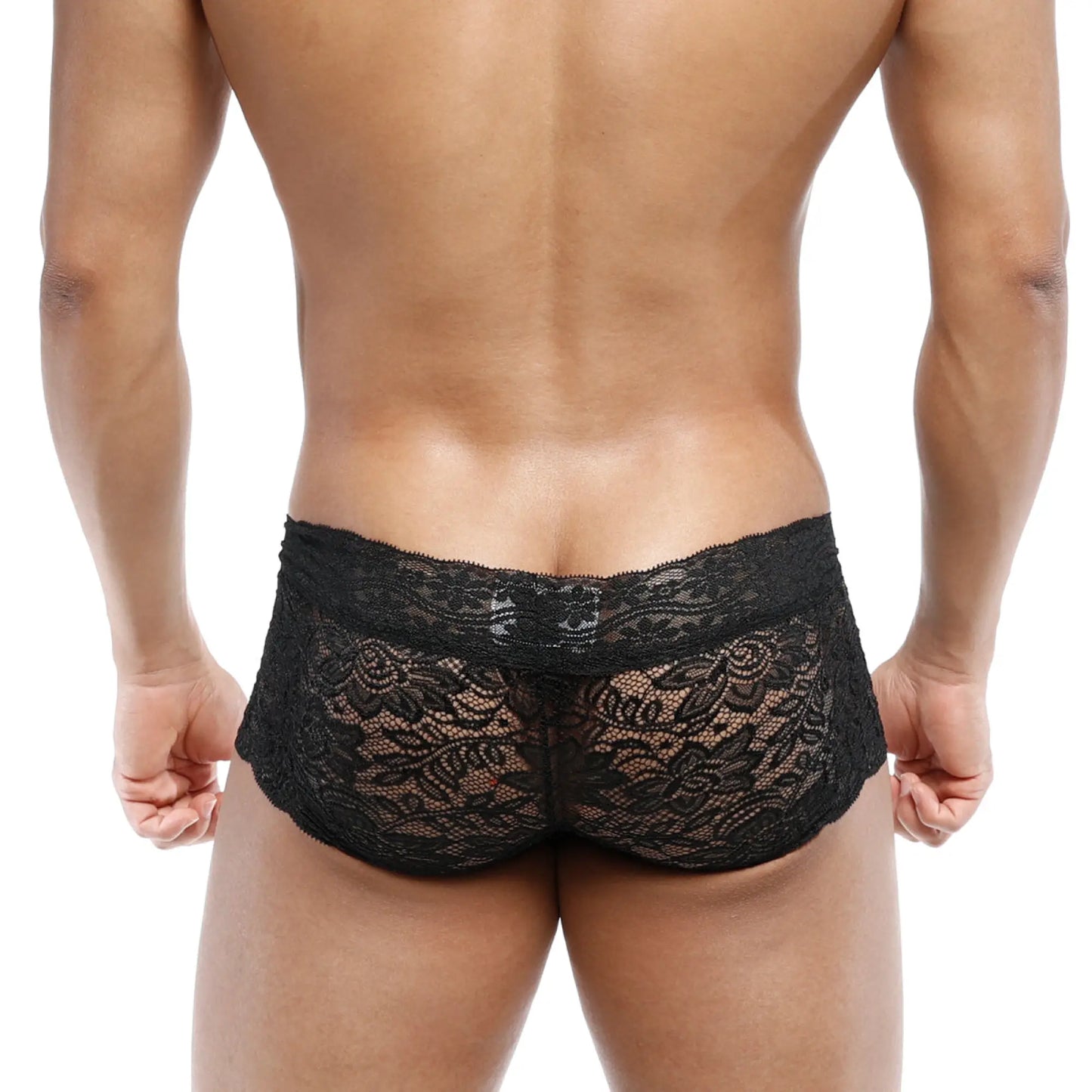 Black lace men’s underwear with intricate floral patterns from MetroMaleWear lace trunk black 2613-20 front view