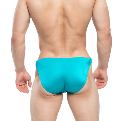A vibrant turquoise metroMalewear lagoon swim bikini 4987-08 with form-fitting smooth fabric for stylish swimwear