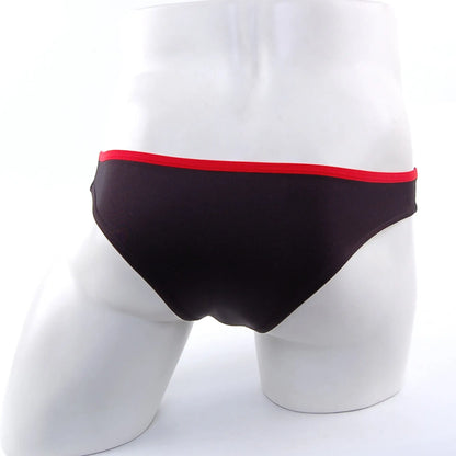 Black swim trunks with a bold red waistband from MetroMaleWear Lasso Bikini contrast black 2009-21 product line