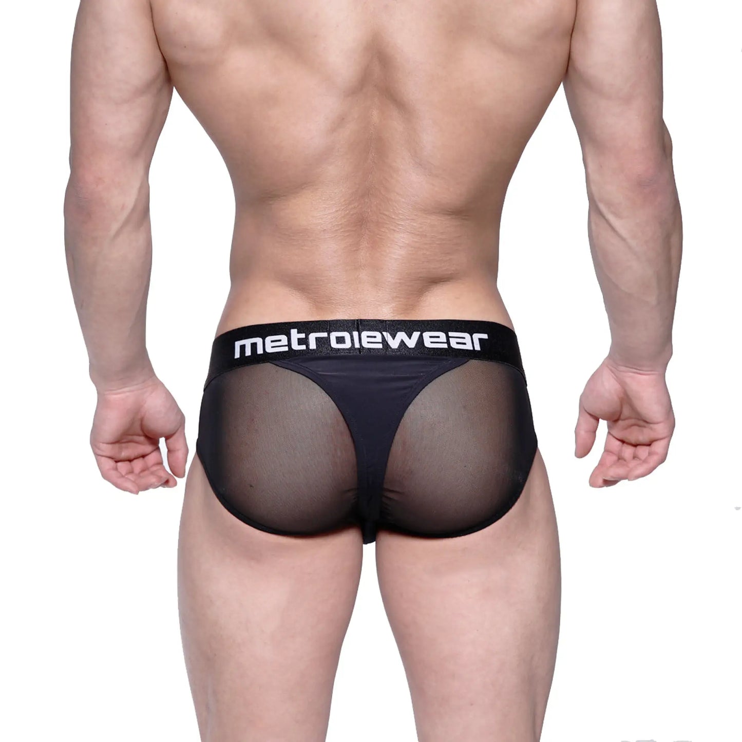 Black mesh MetroMaleWear layered hip briefs with a solid black waistband featuring the white logo