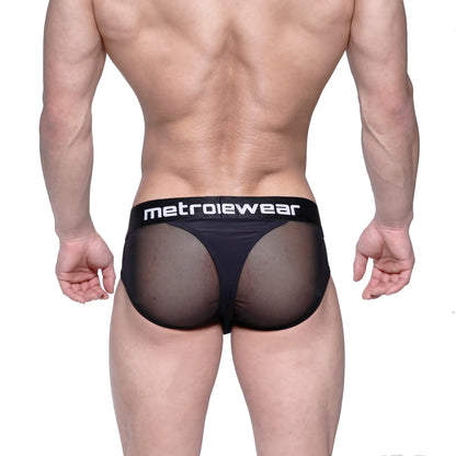 Black mesh MetroMaleWear layered hip briefs with a solid black waistband featuring the white logo