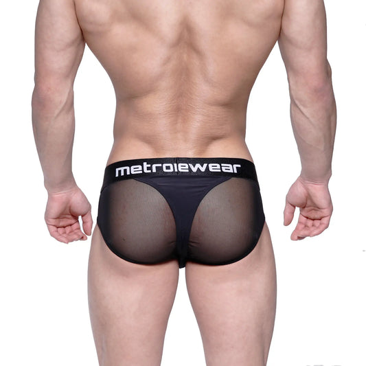 Black mesh MetroMaleWear layered hip briefs with a solid black waistband featuring the white logo