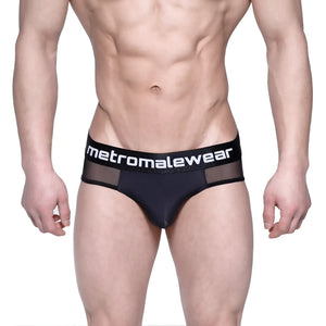 Black mesh metroMalewear layered hip brief with white logo waistband for stylish breathable comfort
