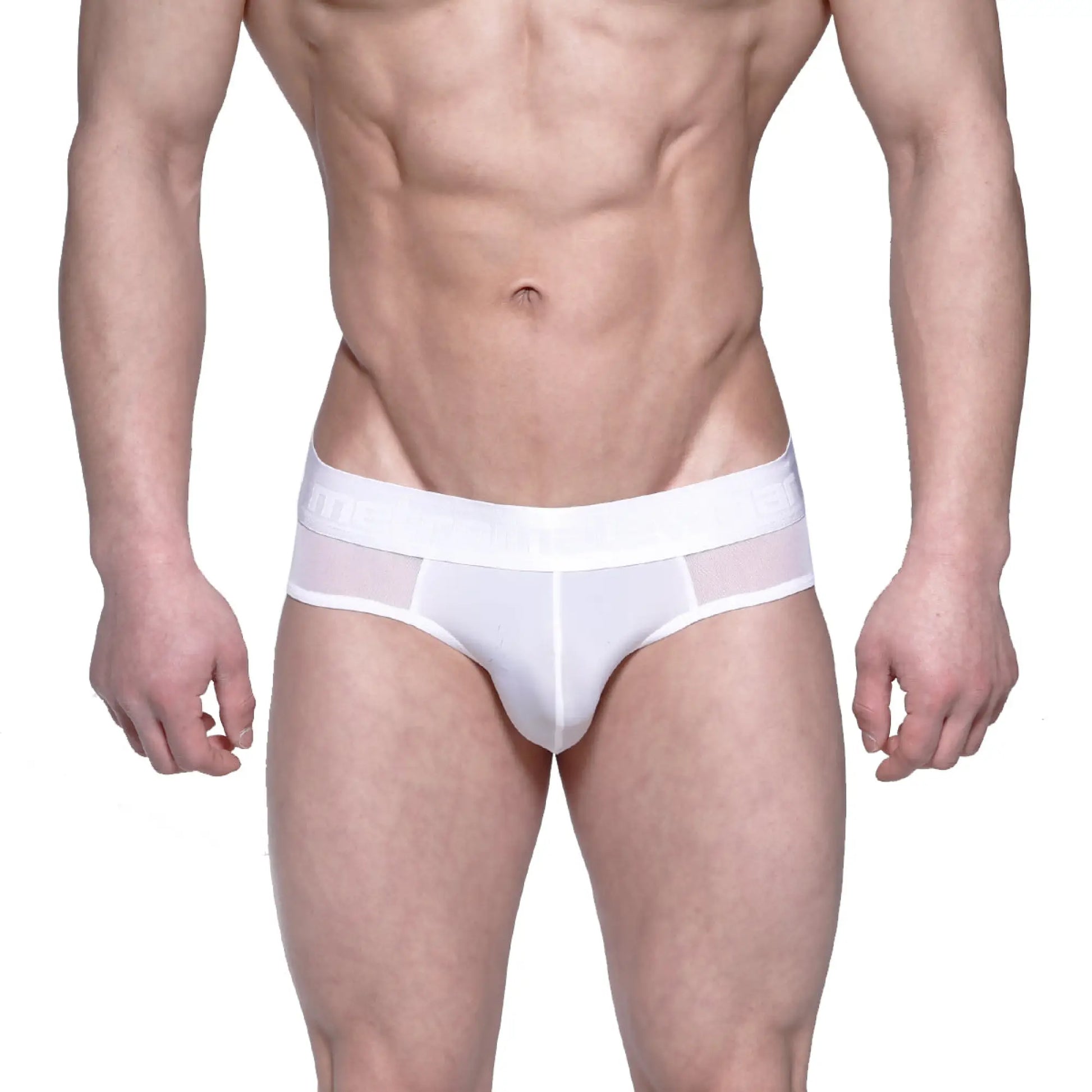 White mens briefs metro male wear layered hip brief 5103-32 with solid waistband and sheer mesh side panels