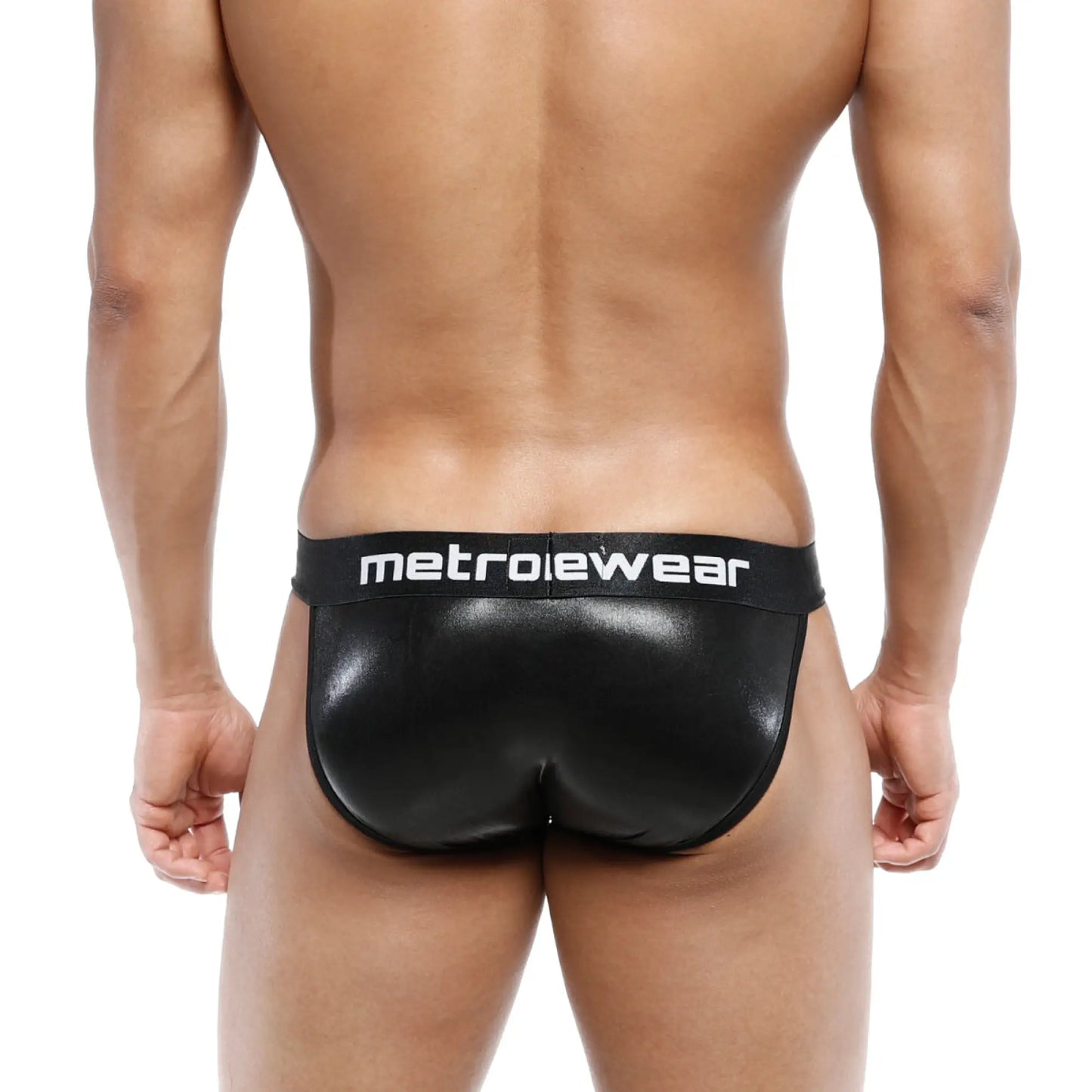 Black metallic-finish leather bikini briefs with metroiewear branded waistband from MetroMaleWear model 3004-F20