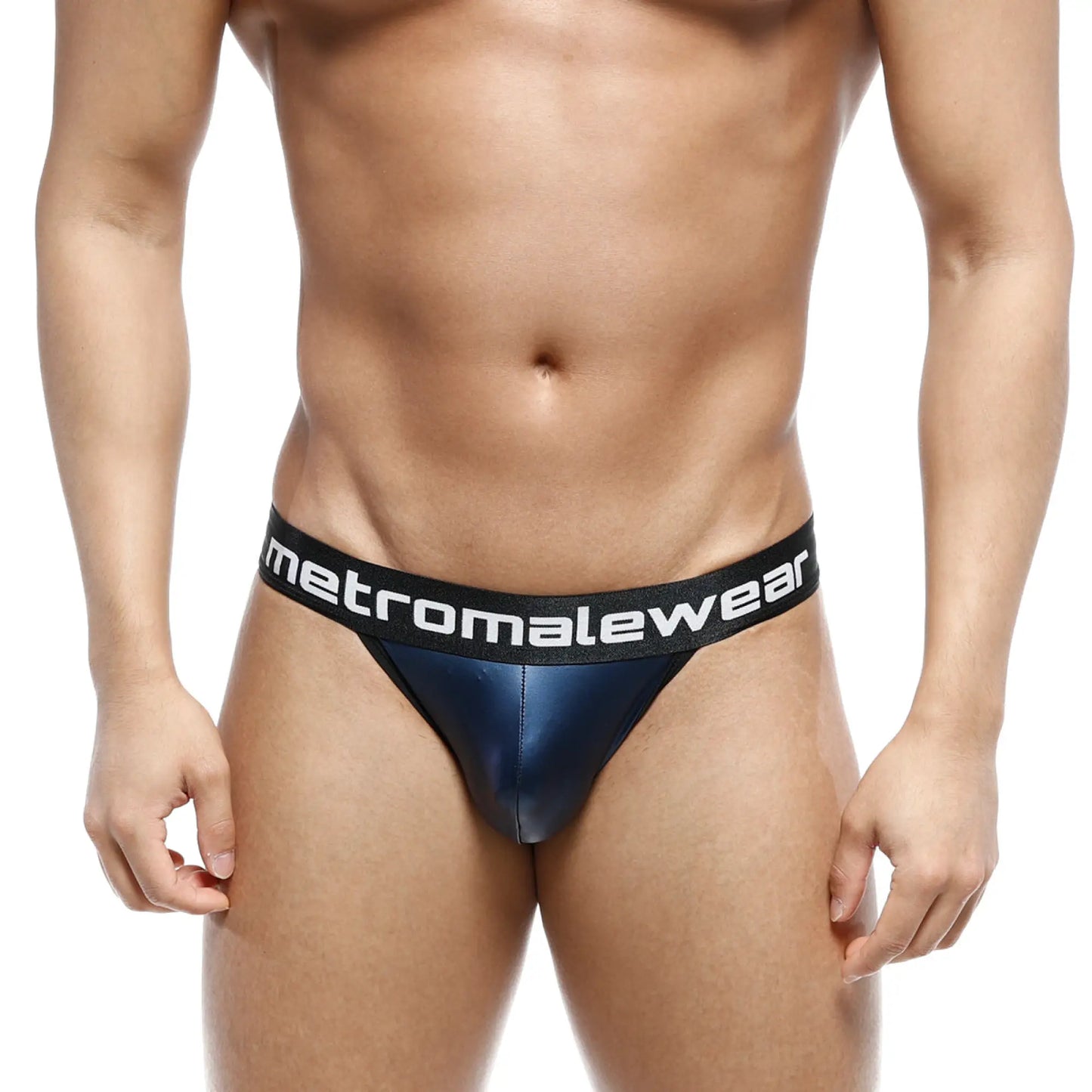 Navy blue metallic leather briefs with a black elastic metromalewear logo waistband metro malewear leather bikini