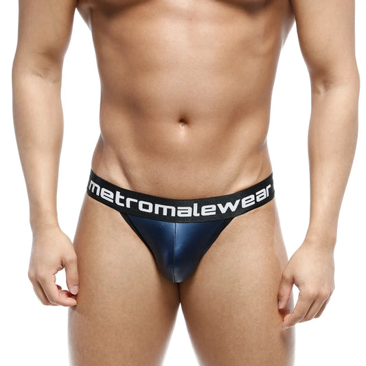 Navy blue metallic leather briefs with a black elastic metromalewear logo waistband metro malewear leather bikini
