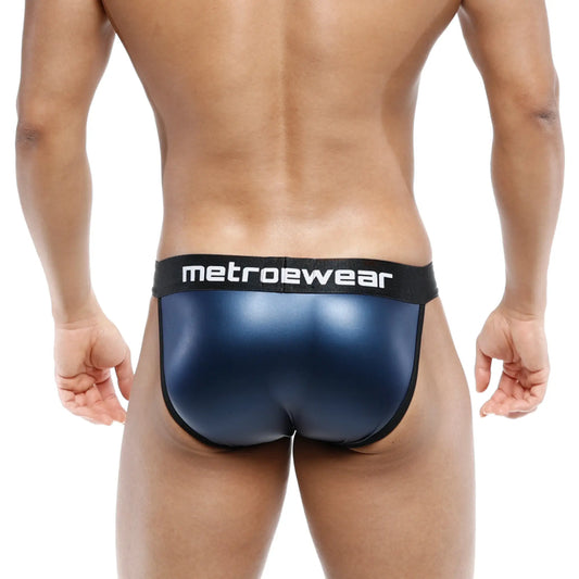 Navy blue metallic leather briefs with black waistband and white metroewear branding from MetroMaleWear model 3004-F28