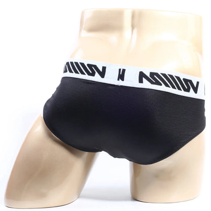 Black mesh briefs with white elastic waistband featuring bold black lettering from MetroMaleWear leather hip brief 5003-86