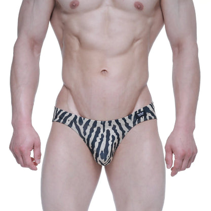 Black and cream zebra-striped mens briefs with a small logo on the waistband from MetroMaleWear leopard bikini beige 5103-M64