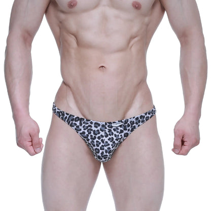 Black and white leopard-print men’s briefs metroMaleWear leopard hip bikini black 6003-62 front view