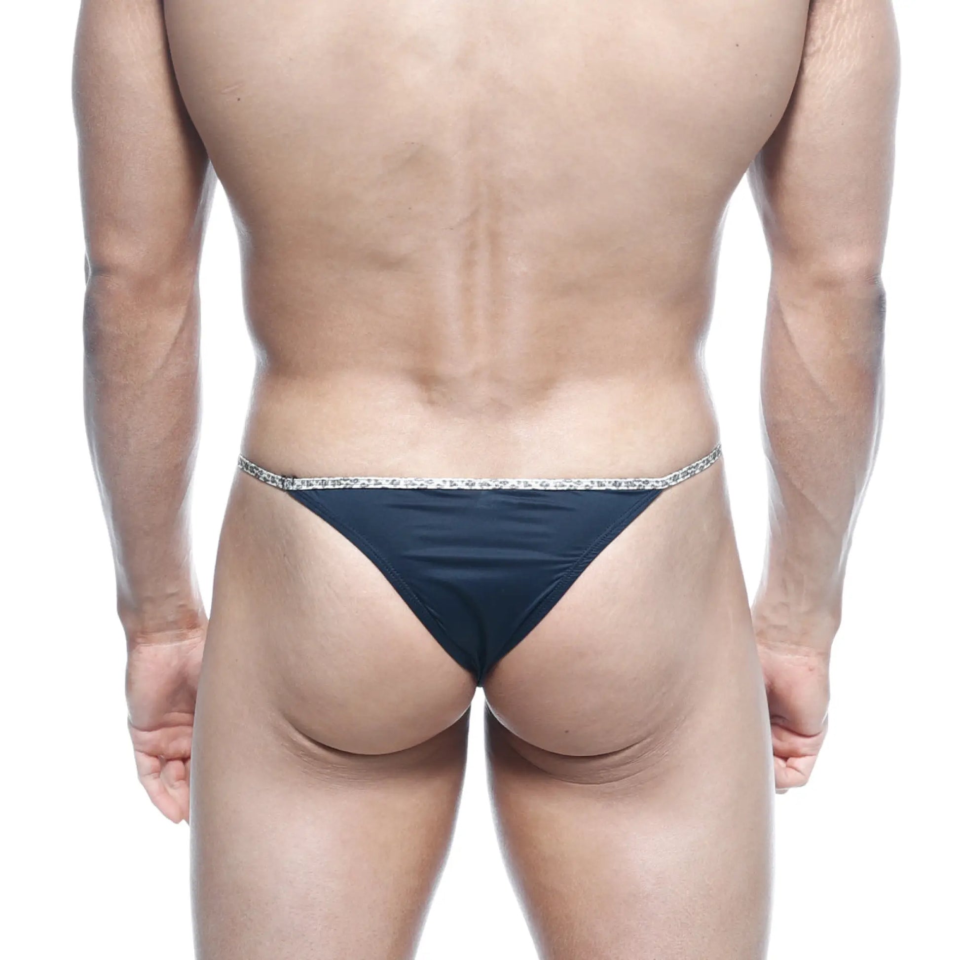 MetroMaleWear leopard string bikini black thong with sparkling silver trim ideal for stylish swimwear or lingerie use