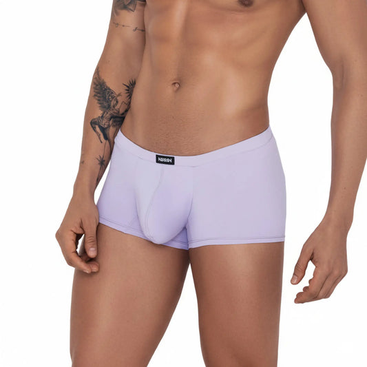 Lavender-colored men’s boxer briefs with black MetroMaleWear brand label at waistband in lilac trunk 2125-19 style