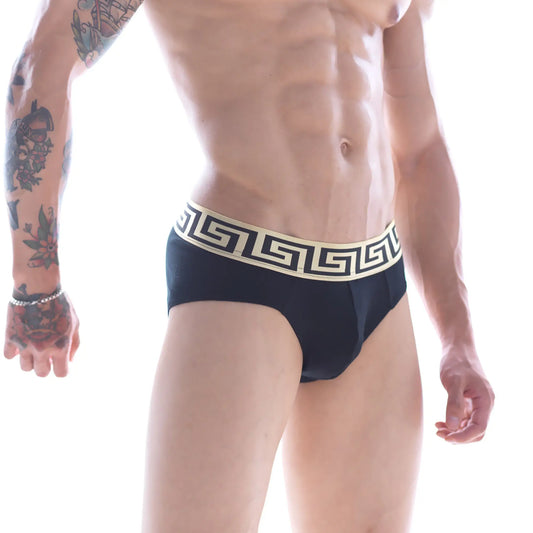 Black metro malewear limited edition grid hip brief with cream greek key patterned waistband in cotton blend