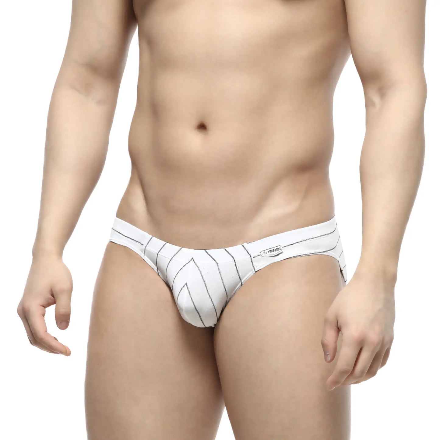 White briefs with black vertical pinstripes and a small brand tag on waistband from MetroMaleWear Linea Bikini 5103-19