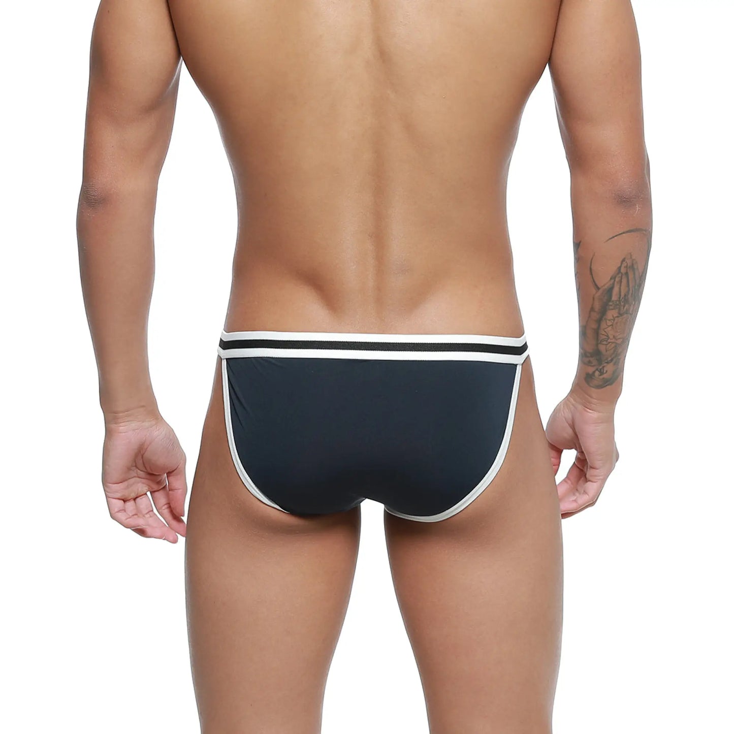 MetroMaleWear link bikini swim trunks in dark blue with white trim featuring a sleek modern design