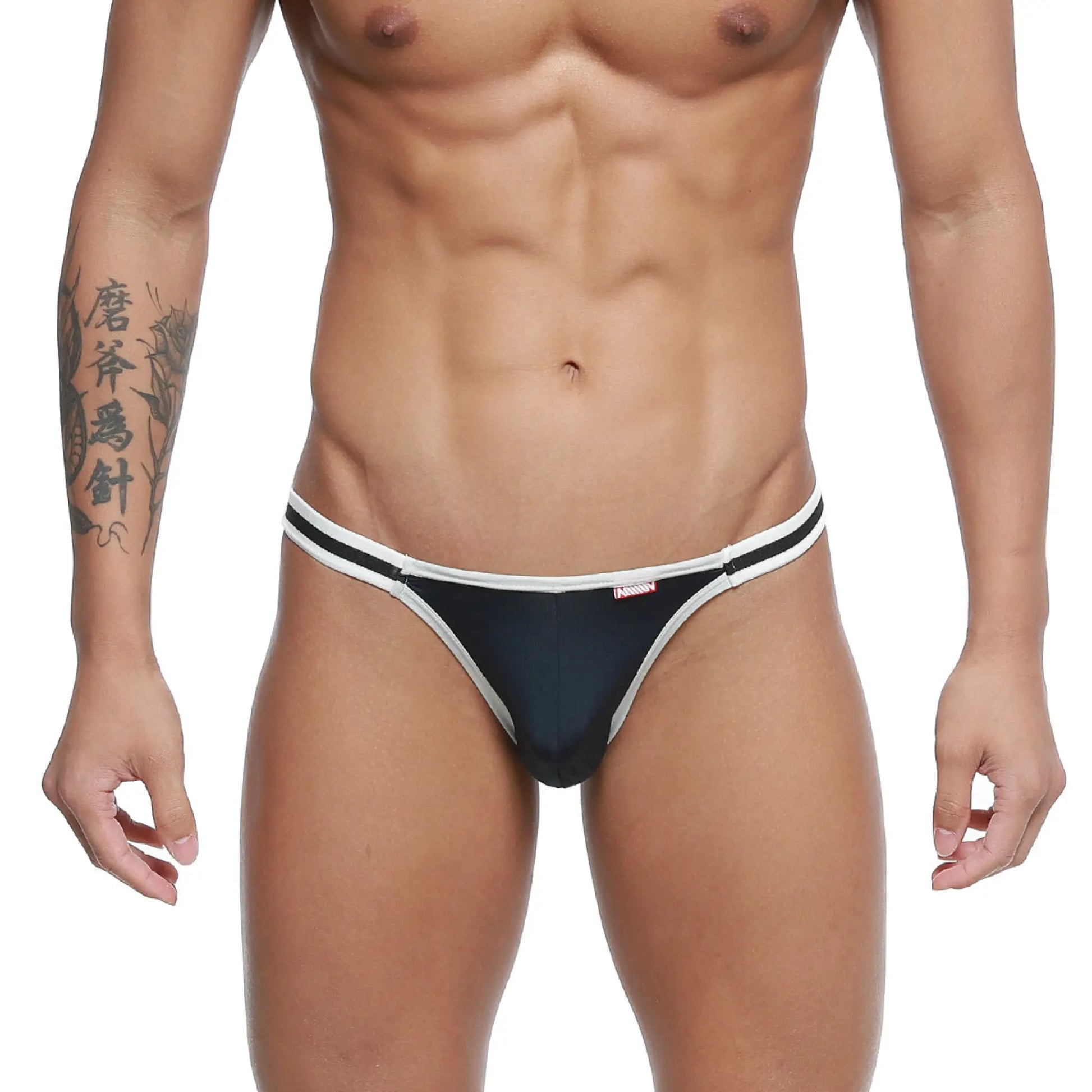 Black and white MetroMaleWear Link bikini thong with sleek minimalist design in dark blue shown from the back side