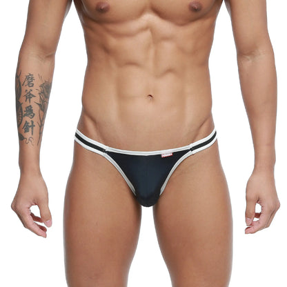 Black and white MetroMaleWear Link bikini thong with sleek minimalist design in dark blue shown from the back side