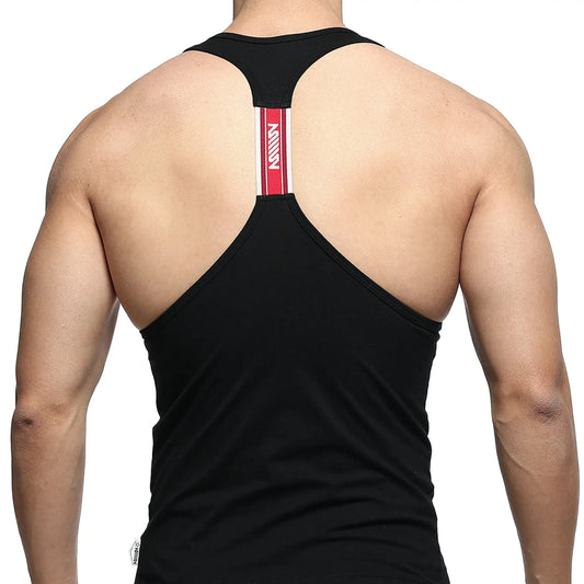 Black metro male wear racerback tank top with red and white vertical stripe on the back for casual wear