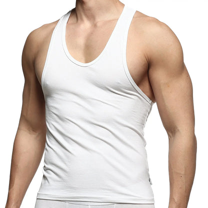 White cotton tank top with scoop neckline and ribbed trim from metromalewear logo tank top 3127-01